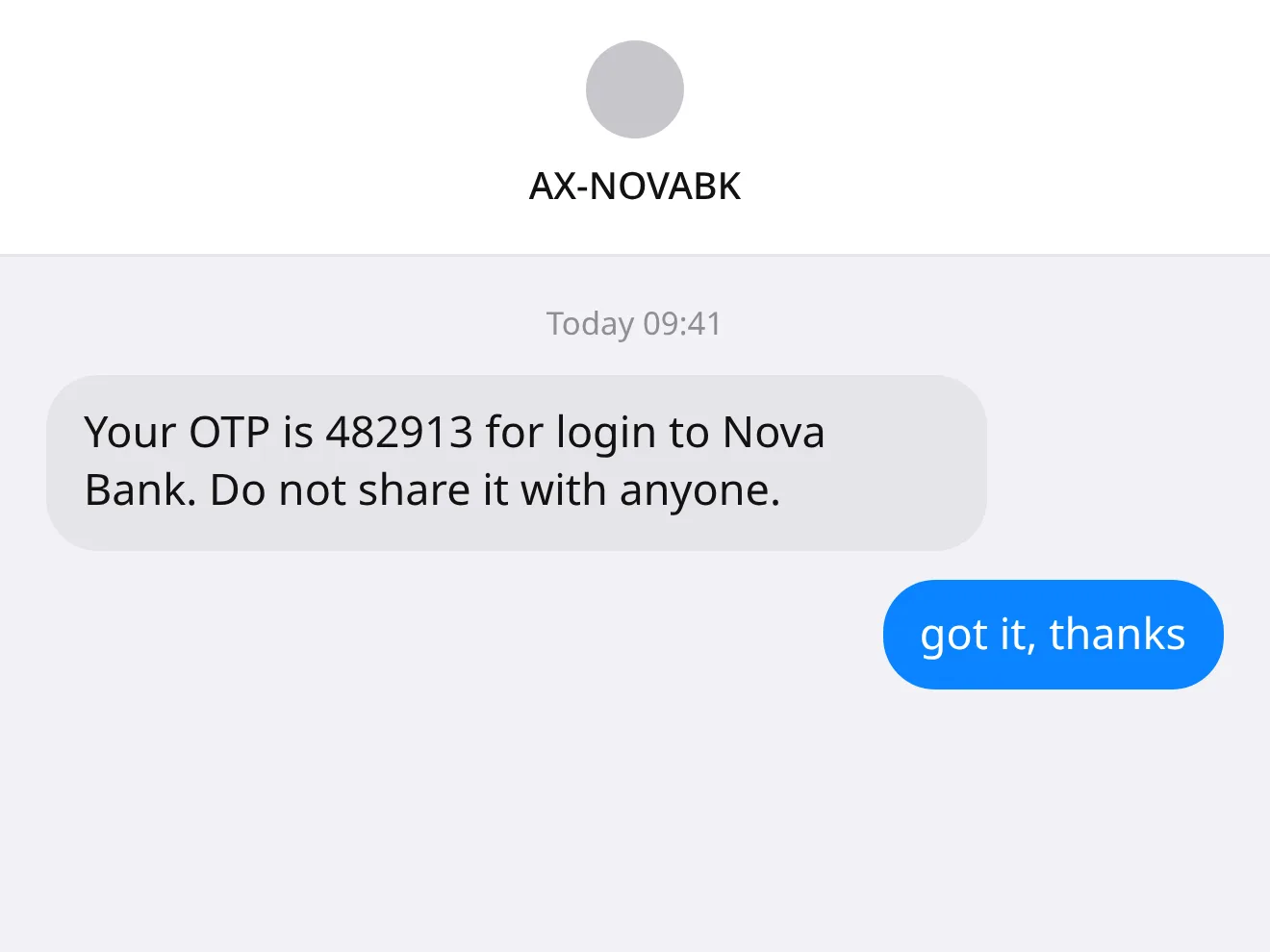 Example screenshot: a bank text message