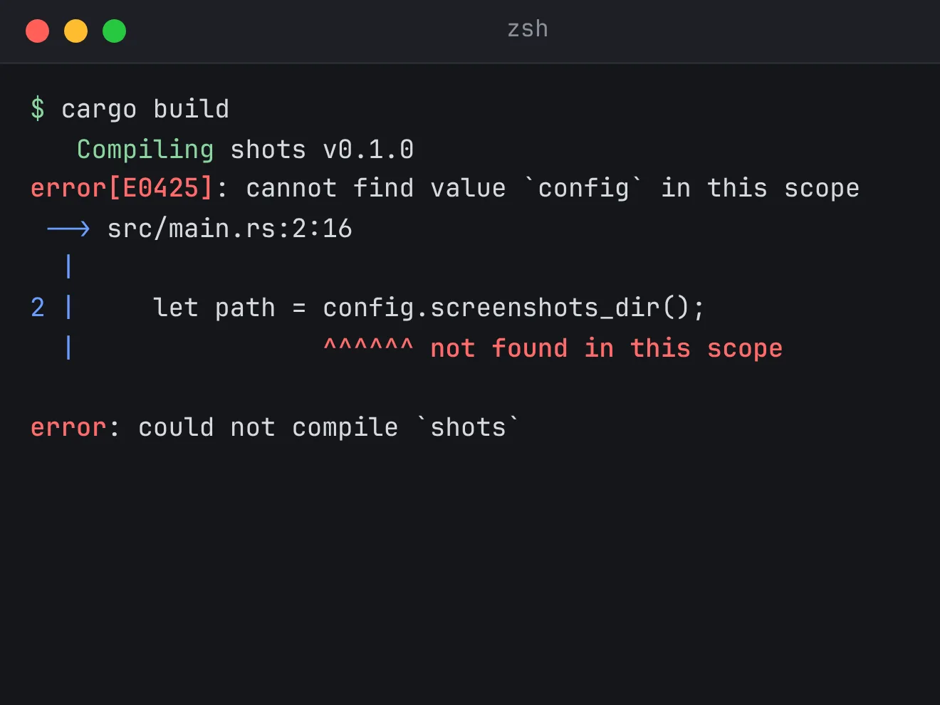 Example screenshot: a terminal with a build error